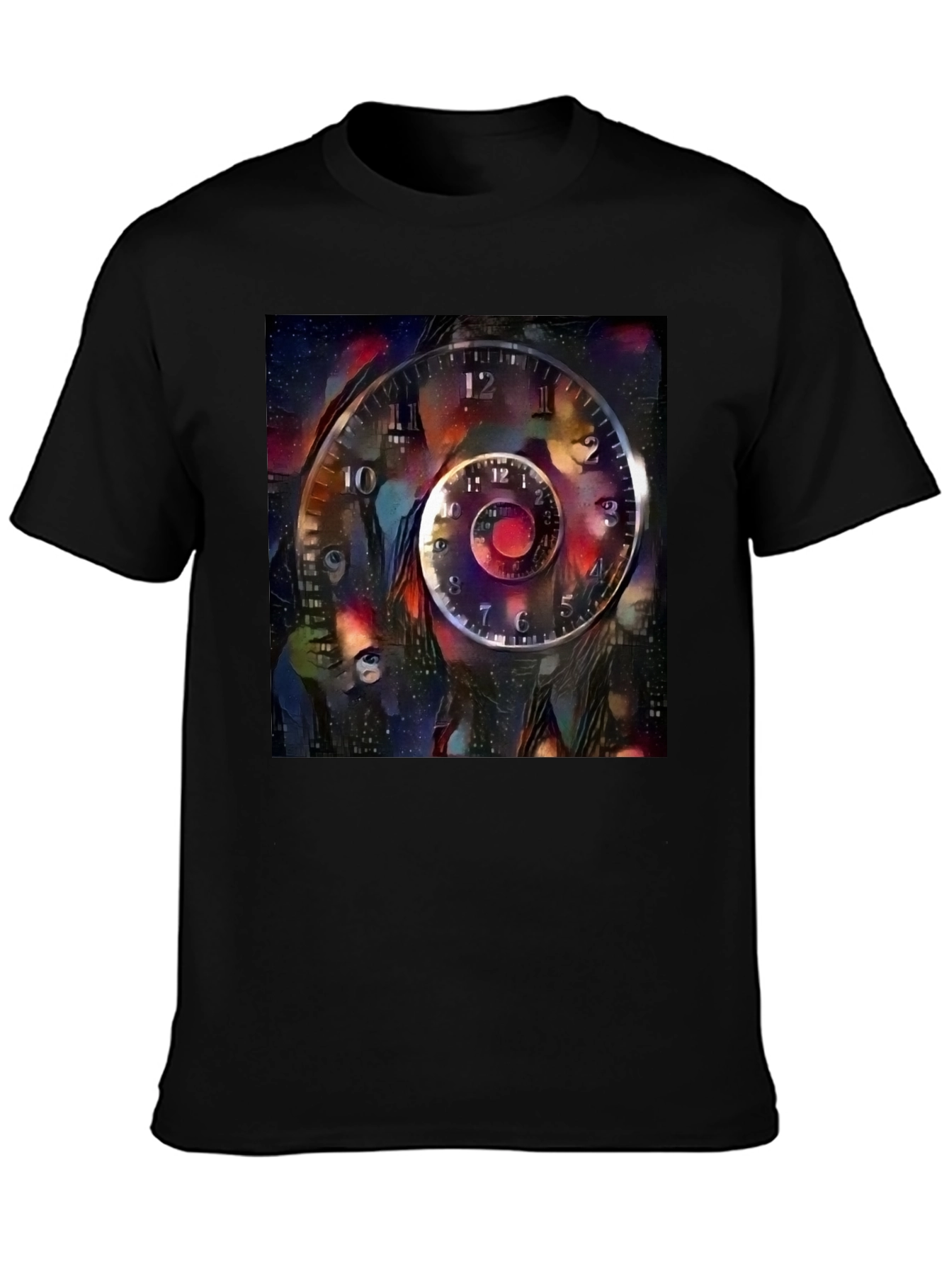 Surreal Time Spiral Graphic Tee - Black Cotton Blend