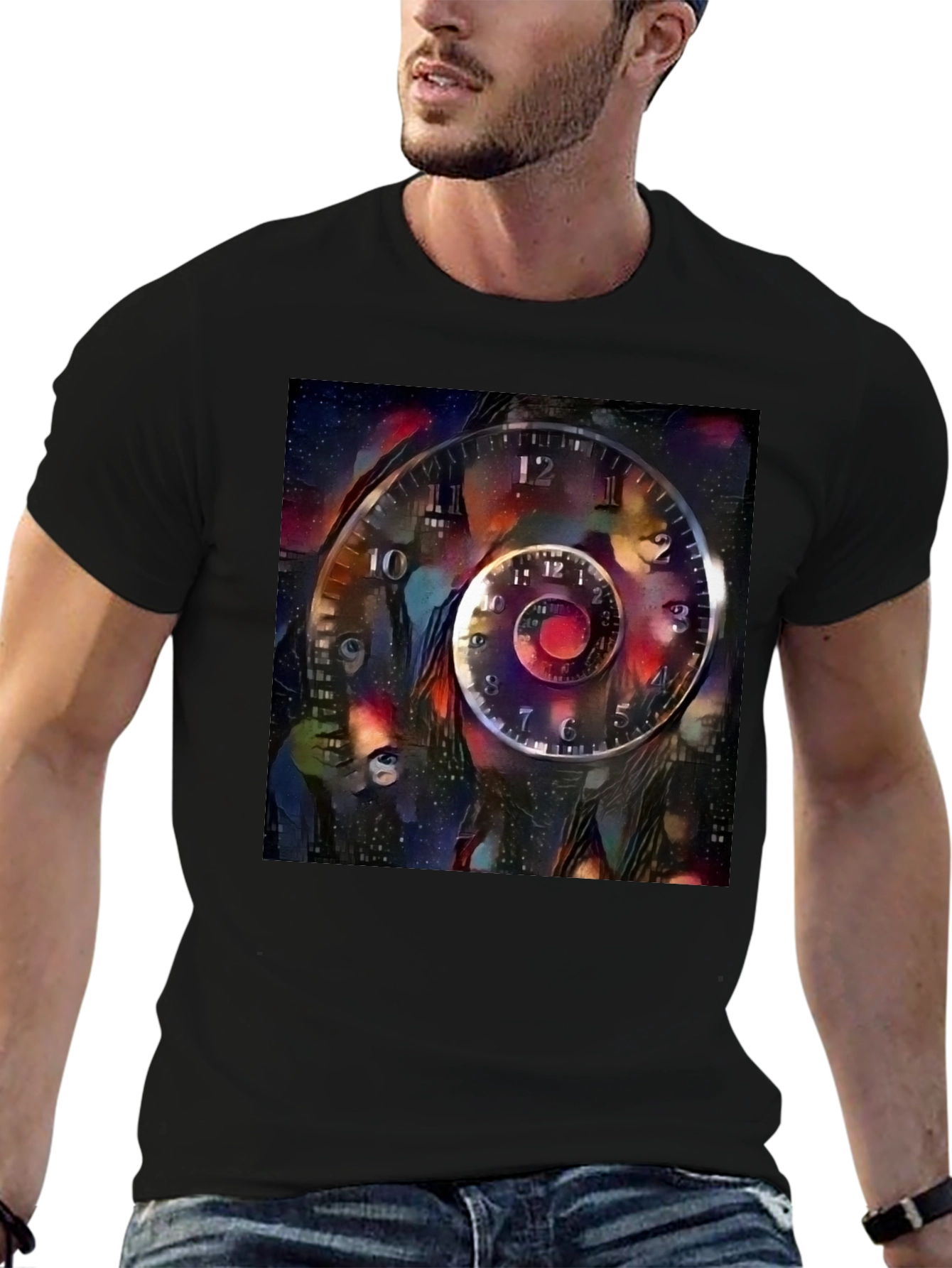 Surreal Time Spiral Graphic Tee - Black Cotton Blend