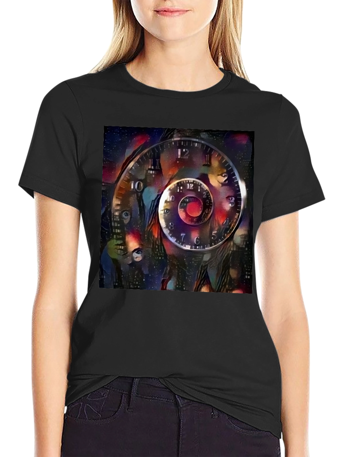 Surreal Time Spiral Graphic Tee - Black Cotton Blend