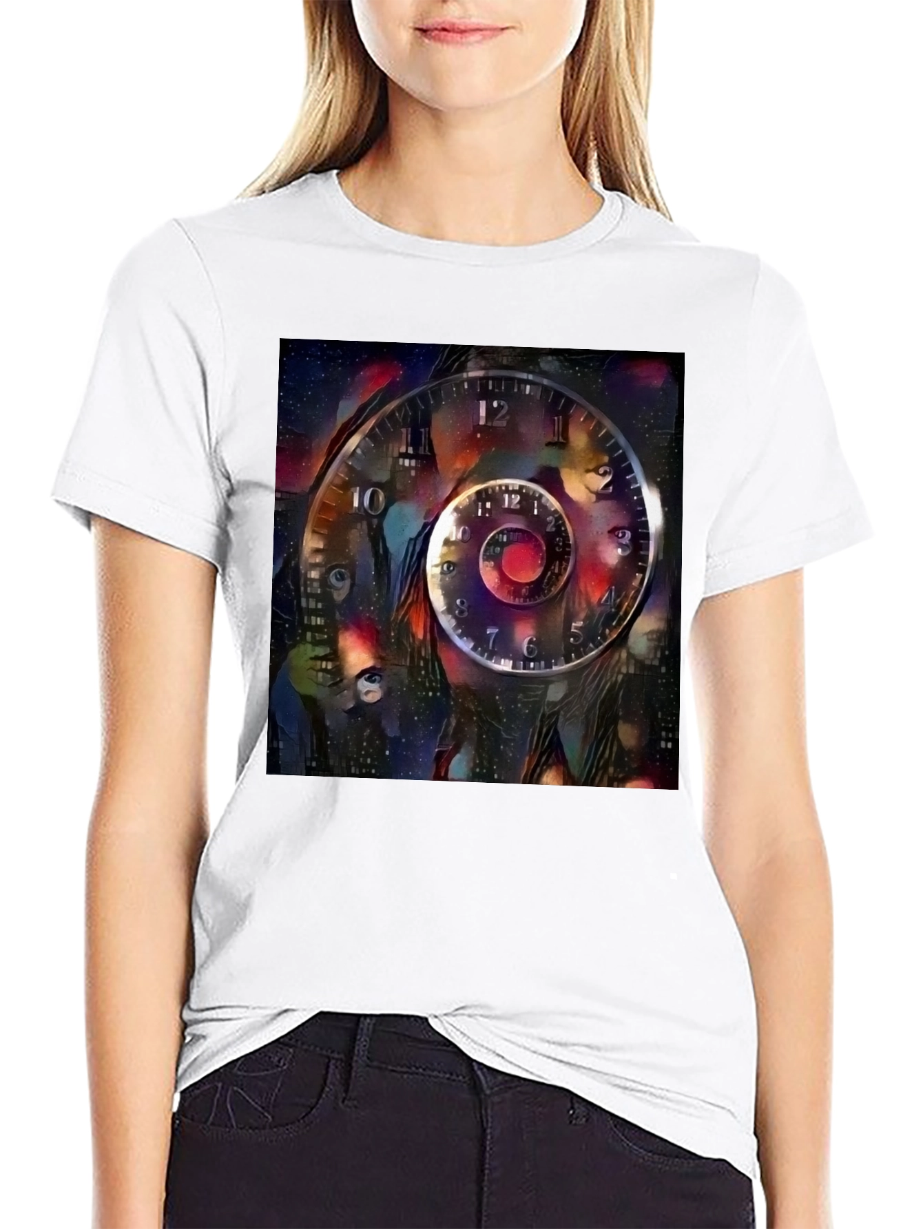 Surreal Time Spiral Graphic Tee - Black Cotton Blend