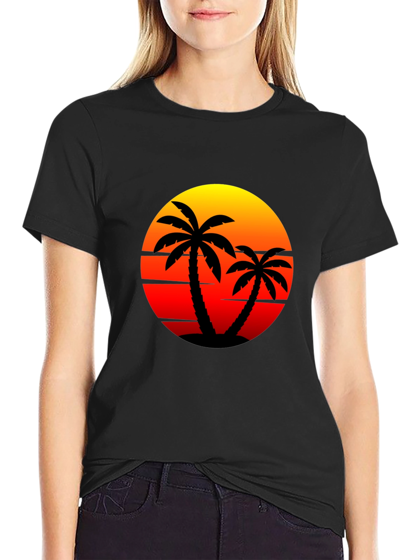 Sunset Palm Tee - Tropical Vibes Black T-Shirt