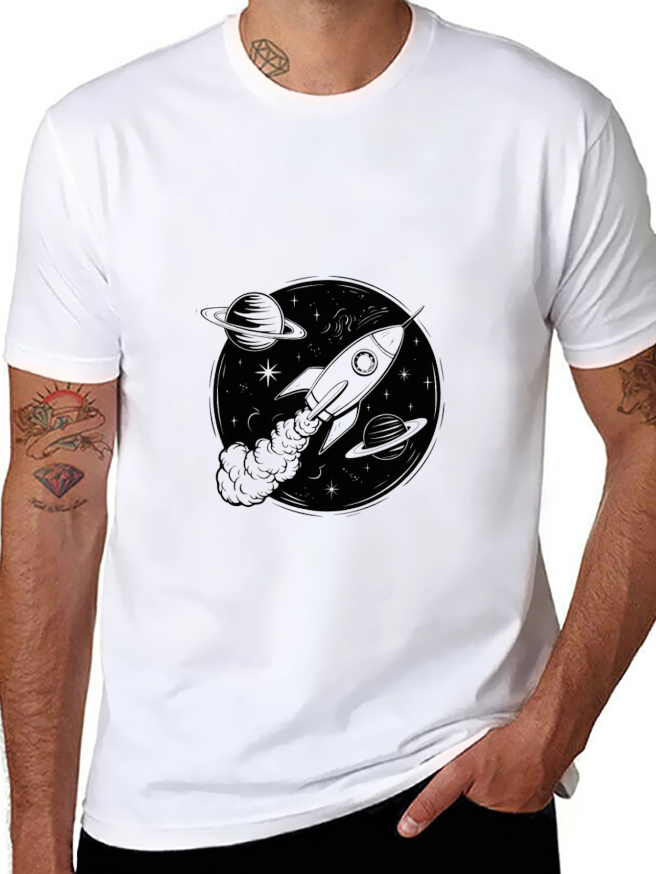 Rocket in Space Black T-Shirt
