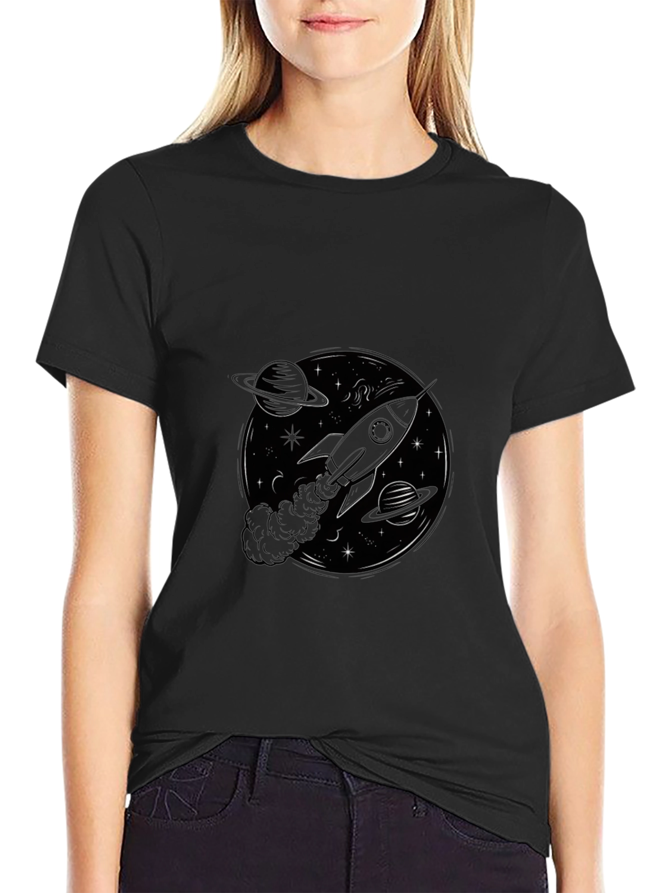 Rocket in Space Black T-Shirt