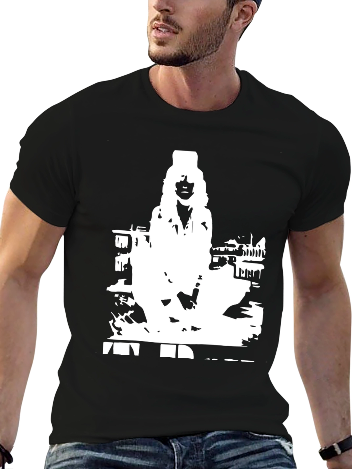 Black T-Shirt with White Figure Graphic Print