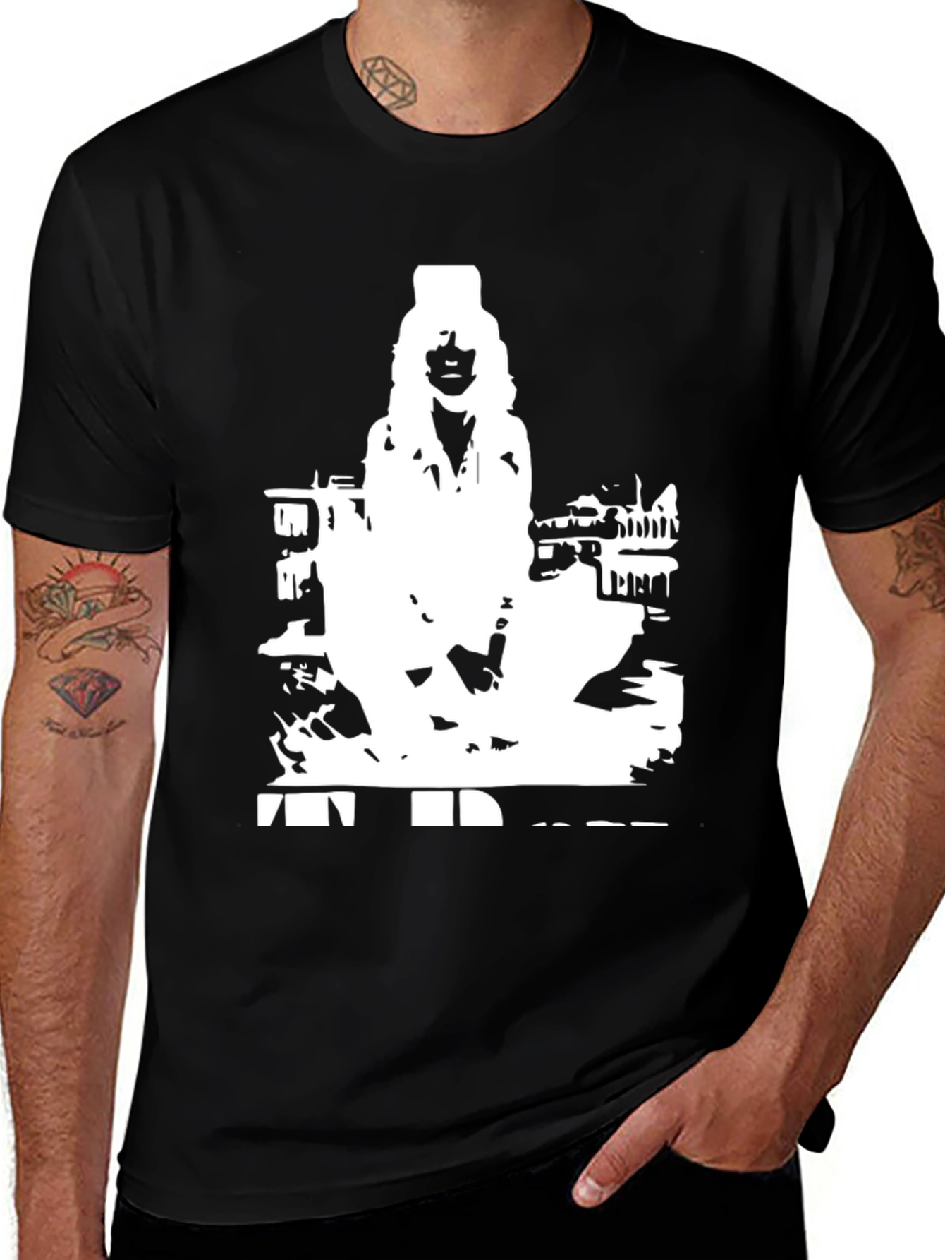 Black T-Shirt with White Figure Graphic Print