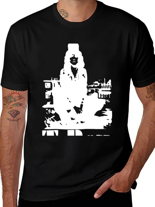 Black T-Shirt with White Figure Graphic Print