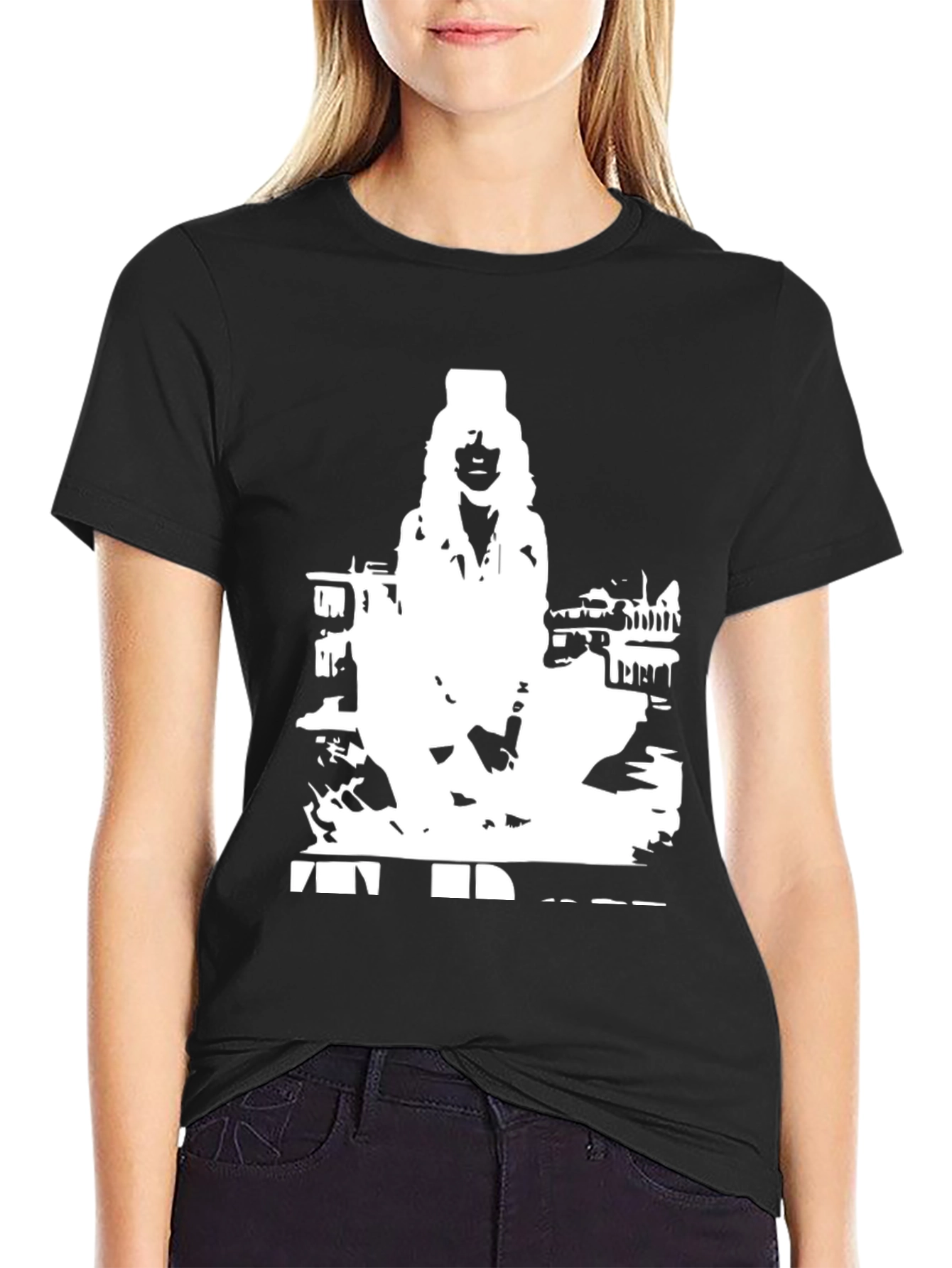 Black T-Shirt with White Figure Graphic Print