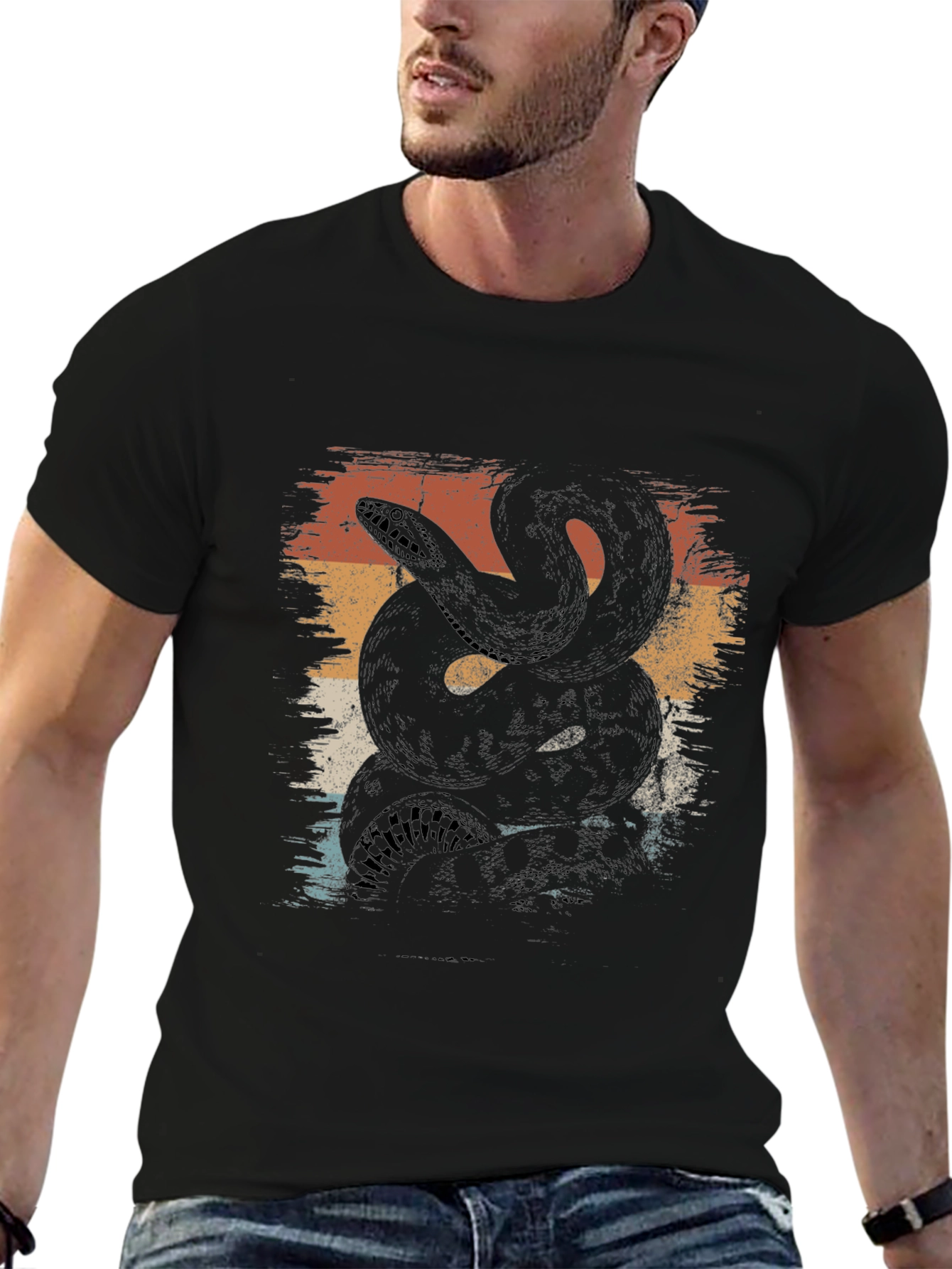Retro Snake Graphic Tee - Black Cotton T-Shirt