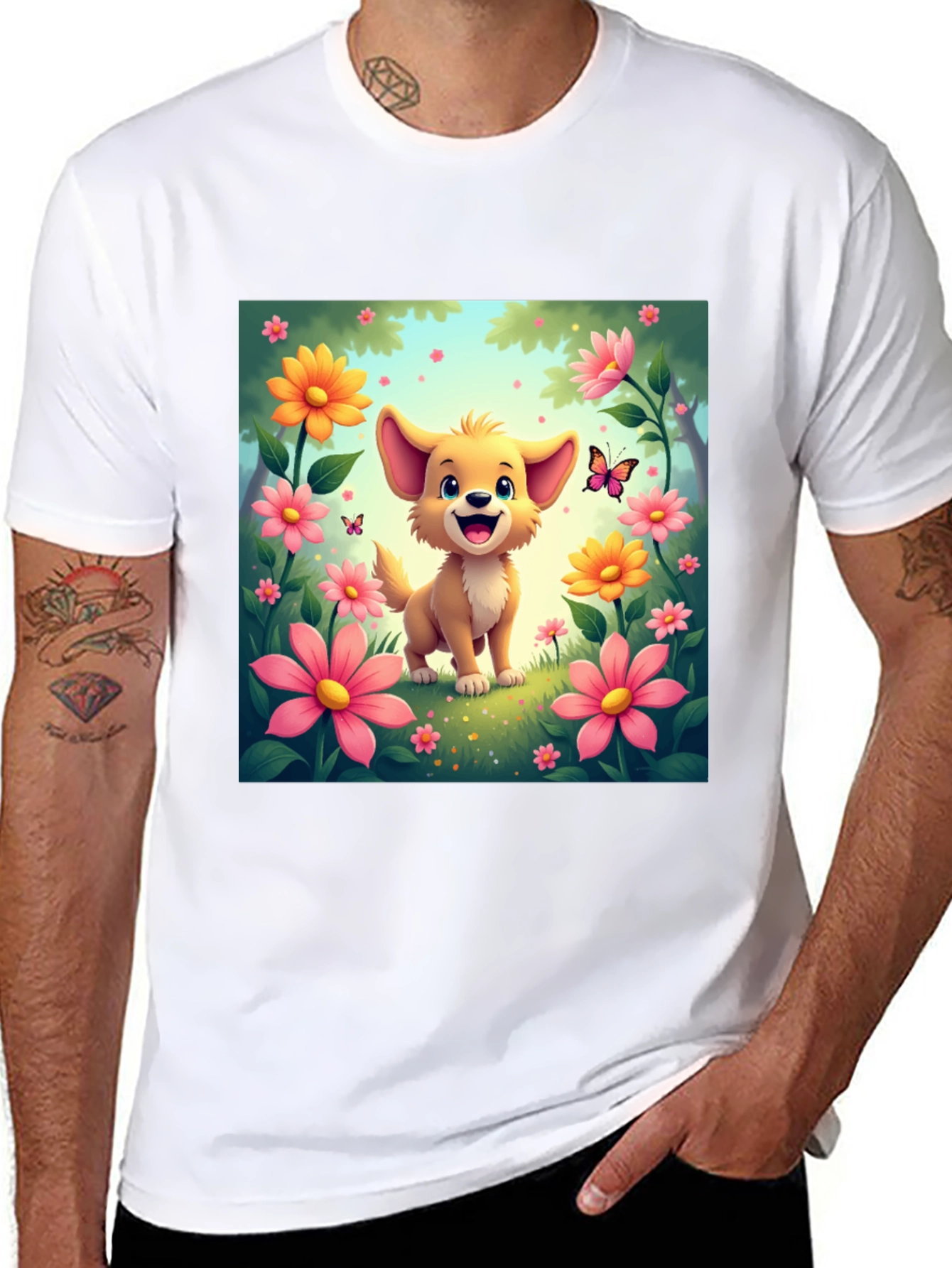 Cute Cartoon Dog Flower T-Shirt
