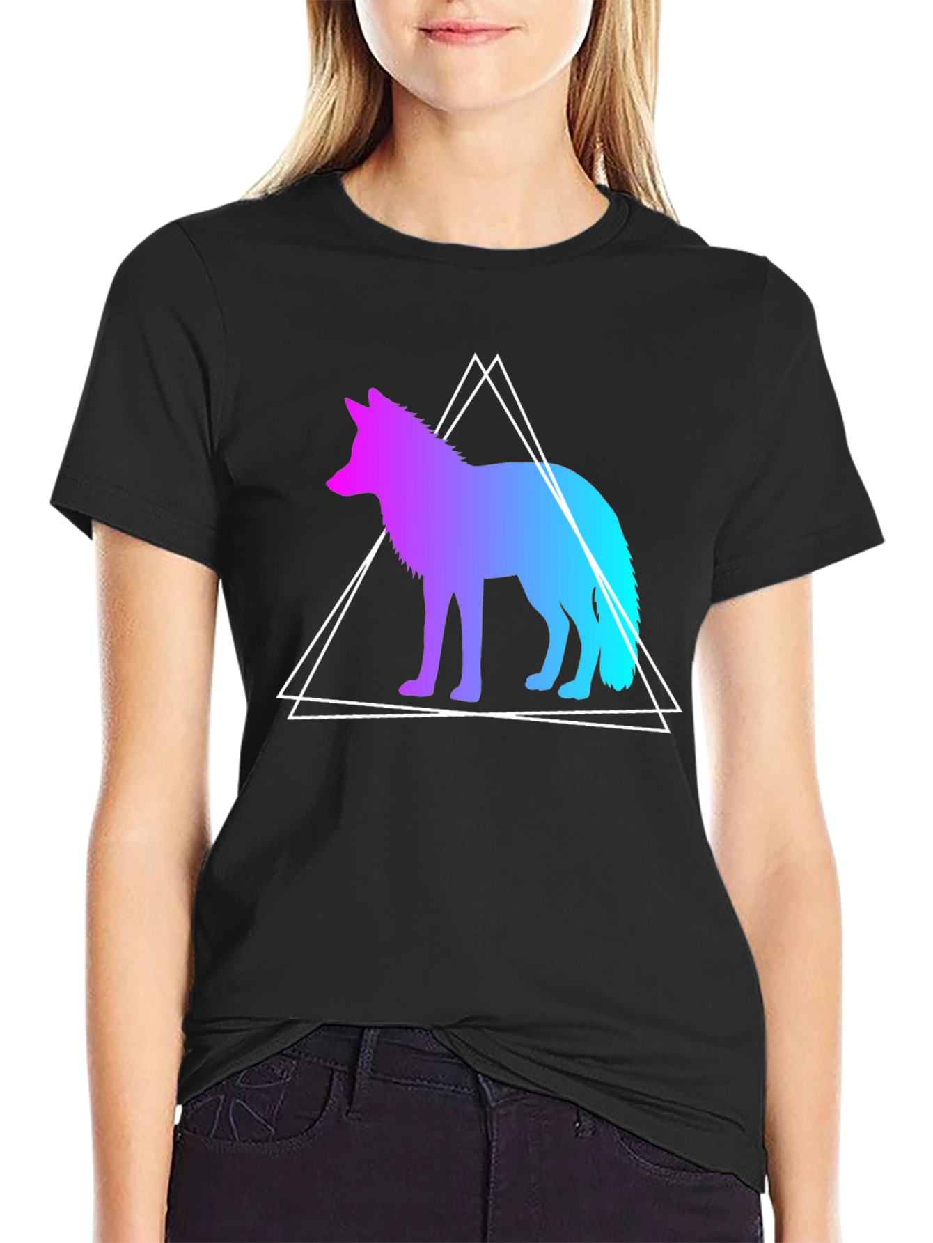 Geometric Wolf Graphic Tee - Black Cotton