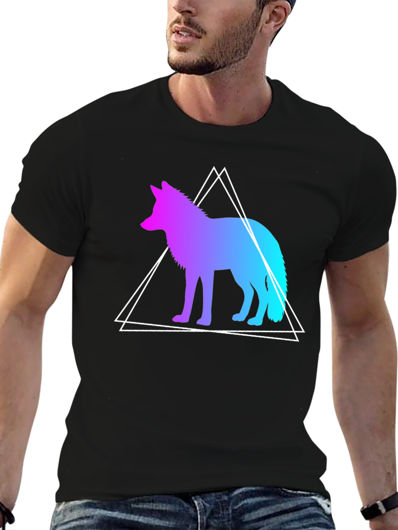 Geometric Wolf Graphic Tee - Black Cotton