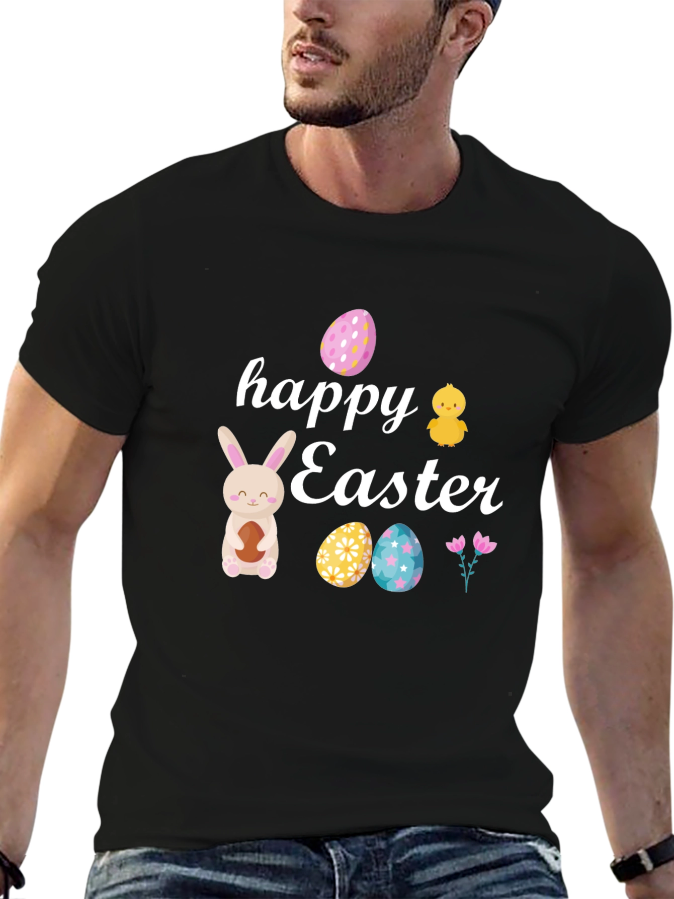 Happy Easter Black T-Shirt with Festive Design