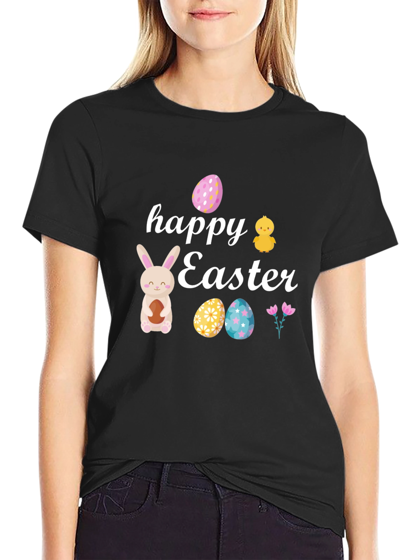 Happy Easter Black T-Shirt with Festive Design