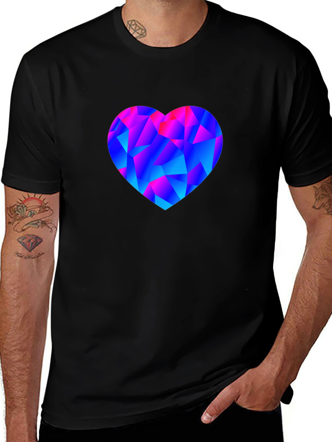 Geometric Heart Print Black T-Shirt