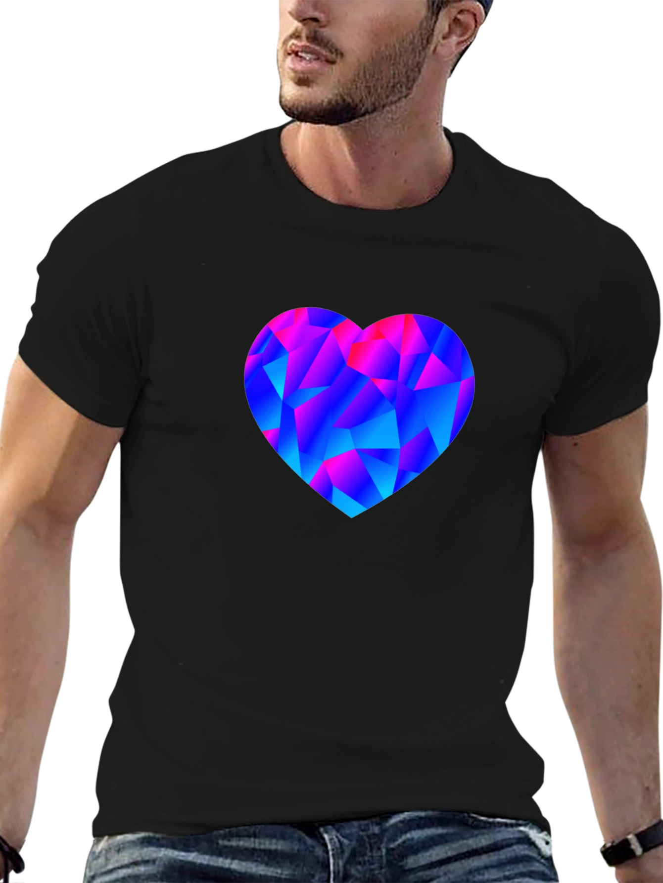 Geometric Heart Print Black T-Shirt