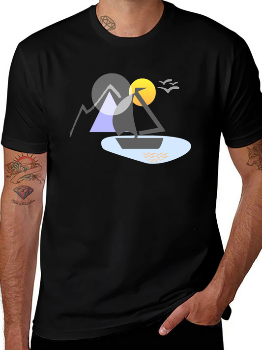 Geometric Boat & Mountain Graphic Tee