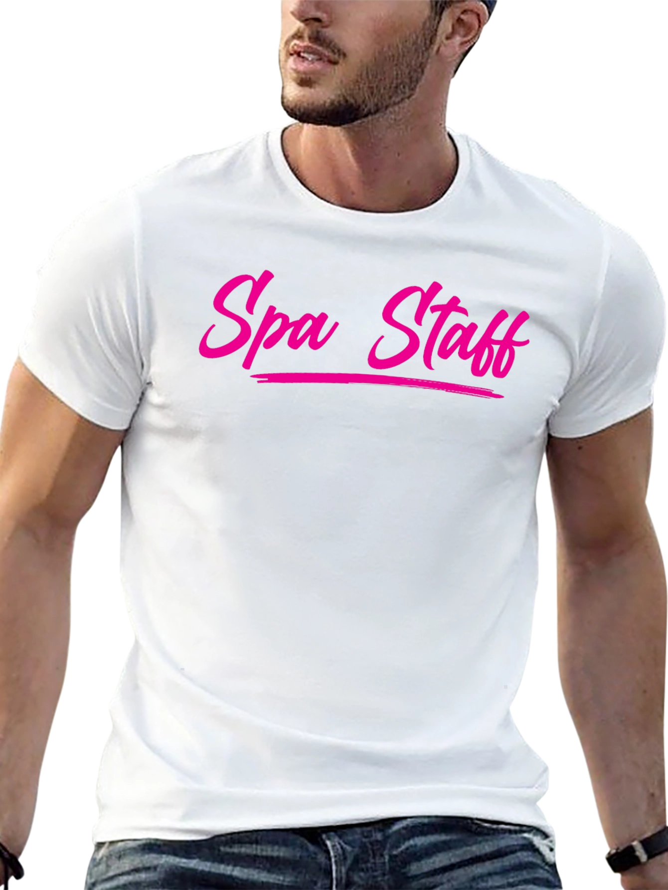 Spa Staff T-Shirt - Bold Pink Text on Black