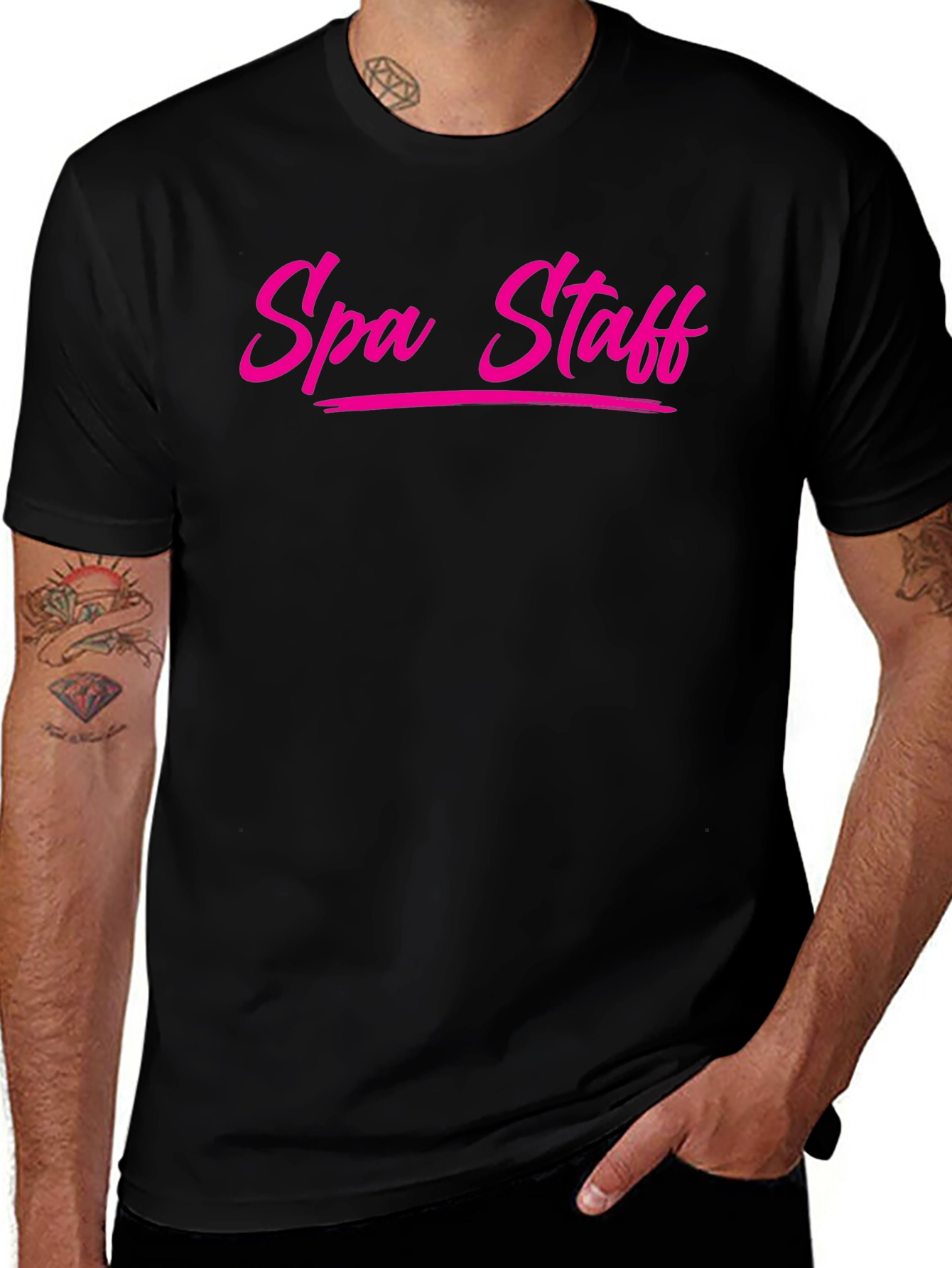 Spa Staff T-Shirt - Bold Pink Text on Black