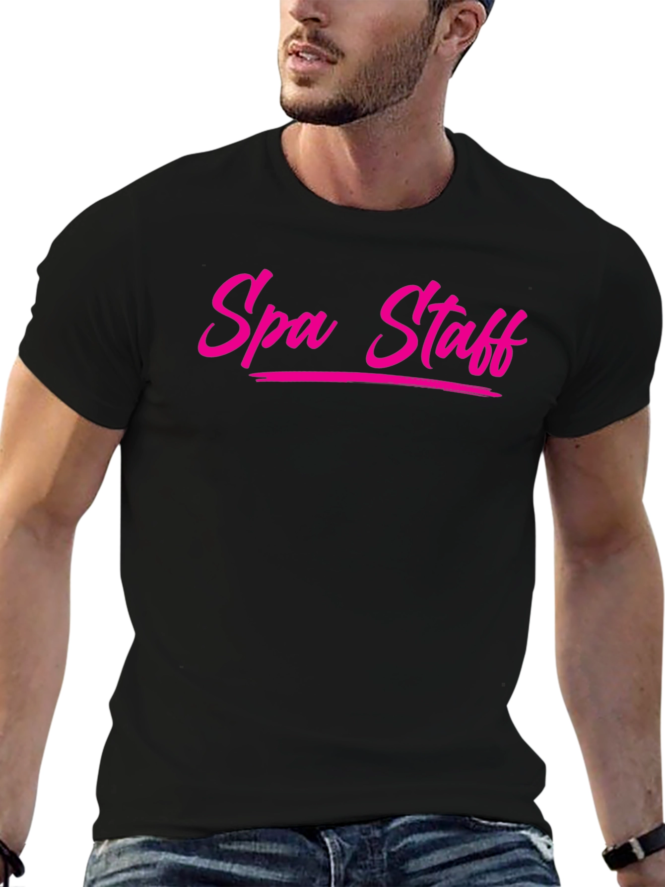 Spa Staff T-Shirt - Bold Pink Text on Black