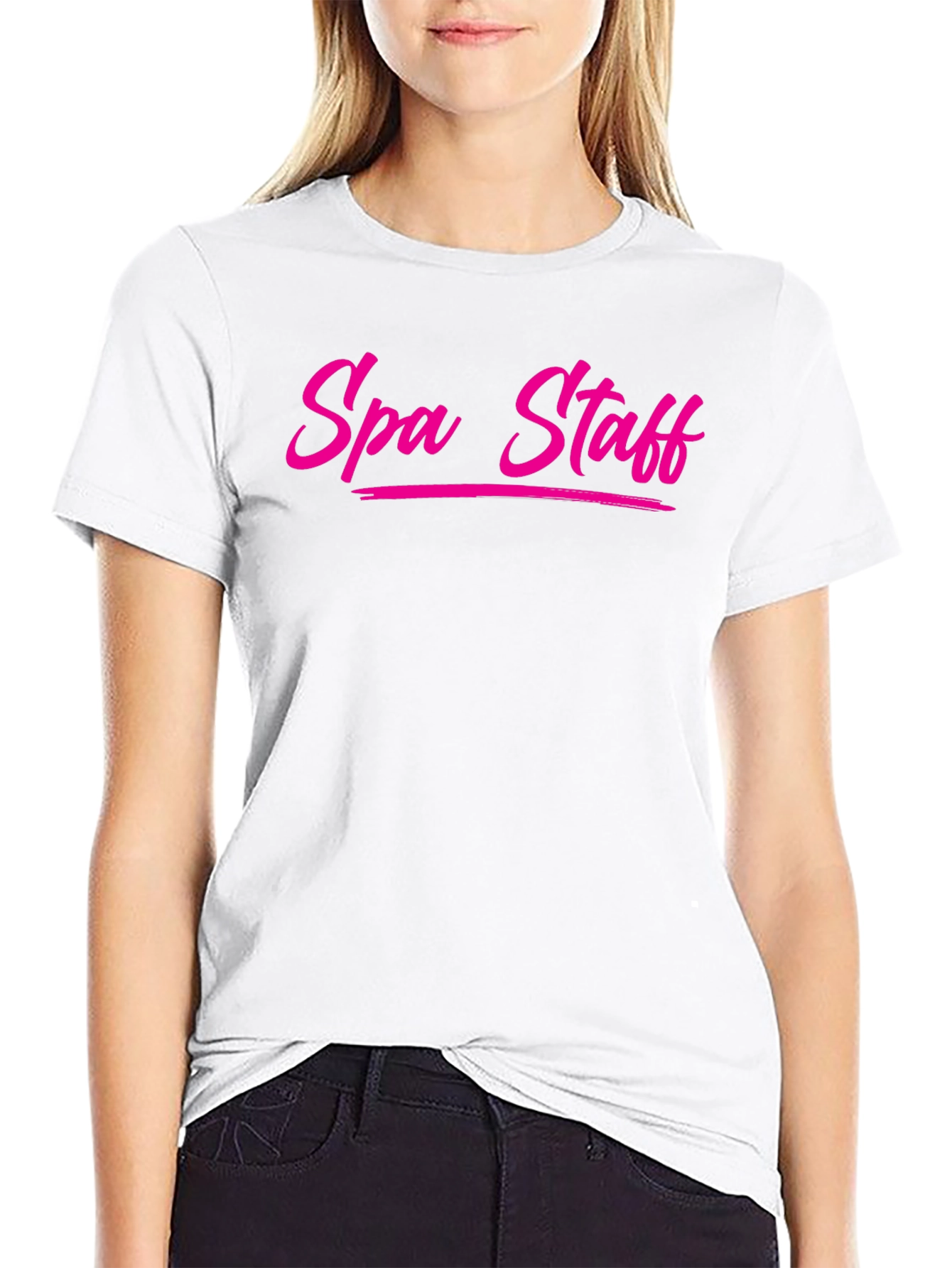 Spa Staff T-Shirt - Bold Pink Text on Black