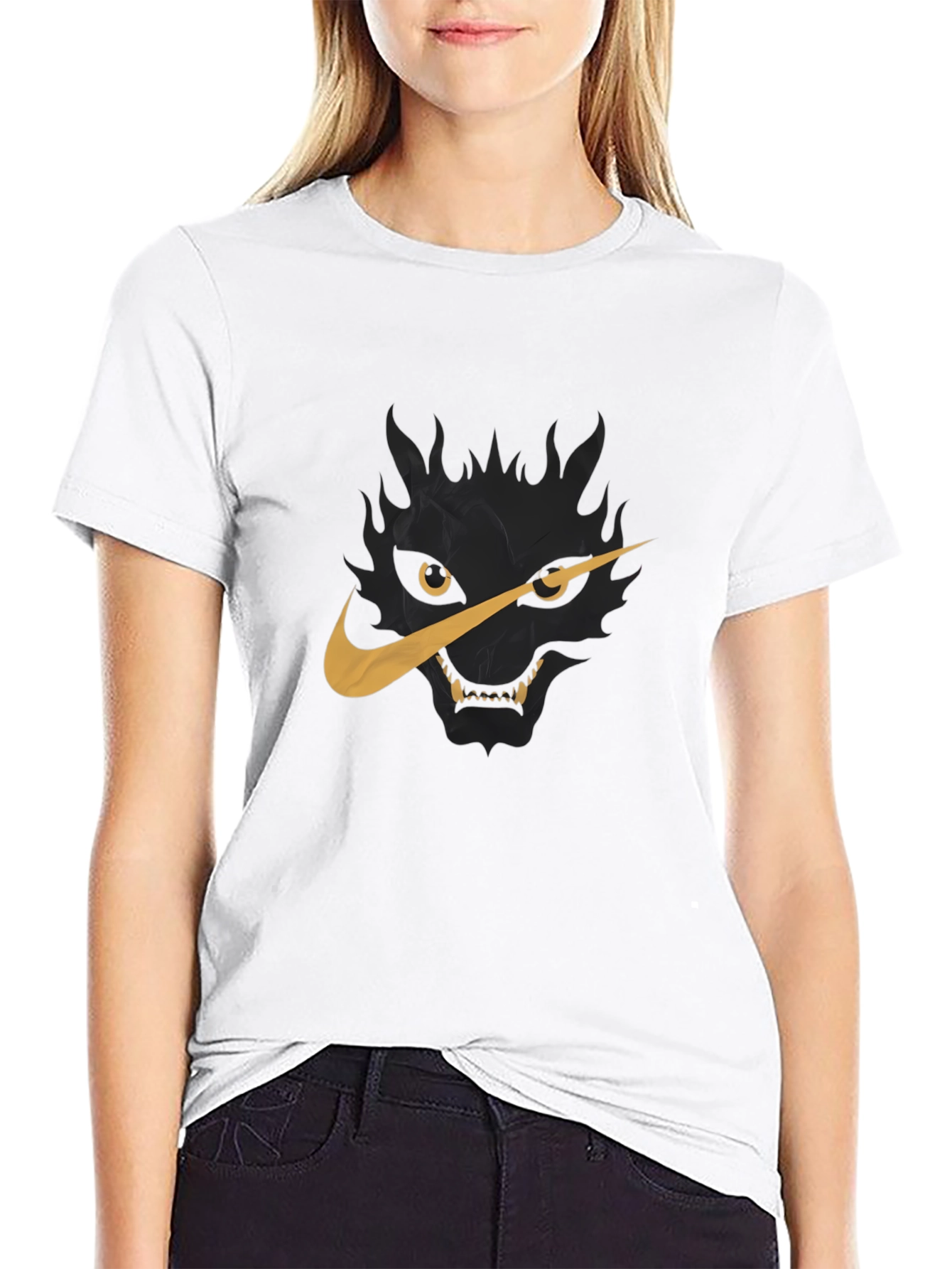 Mens Black T-Shirt with Wolf Nike Logo Graphic