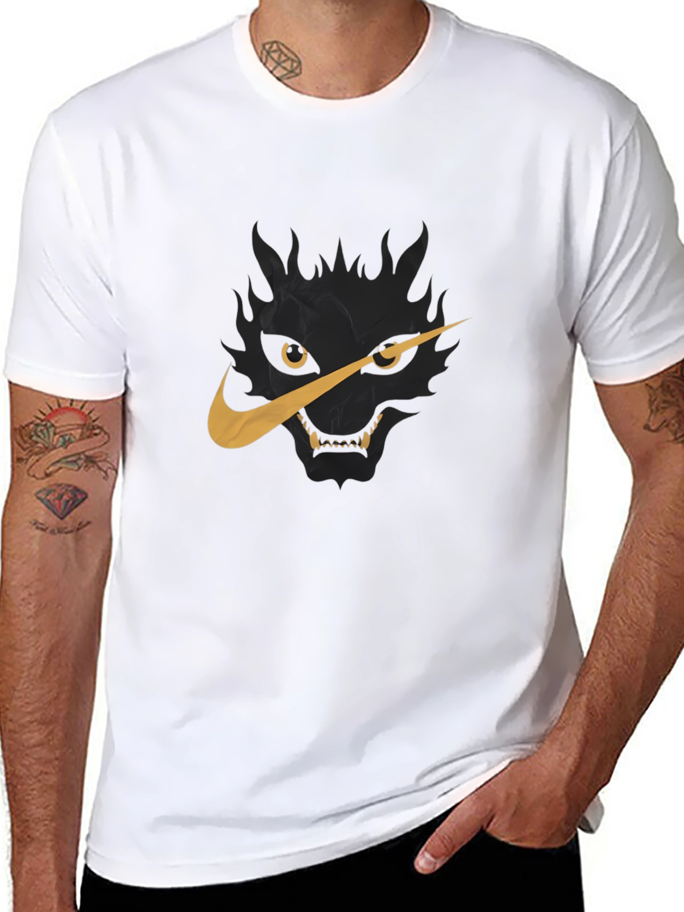 Mens Black T-Shirt with Wolf Nike Logo Graphic
