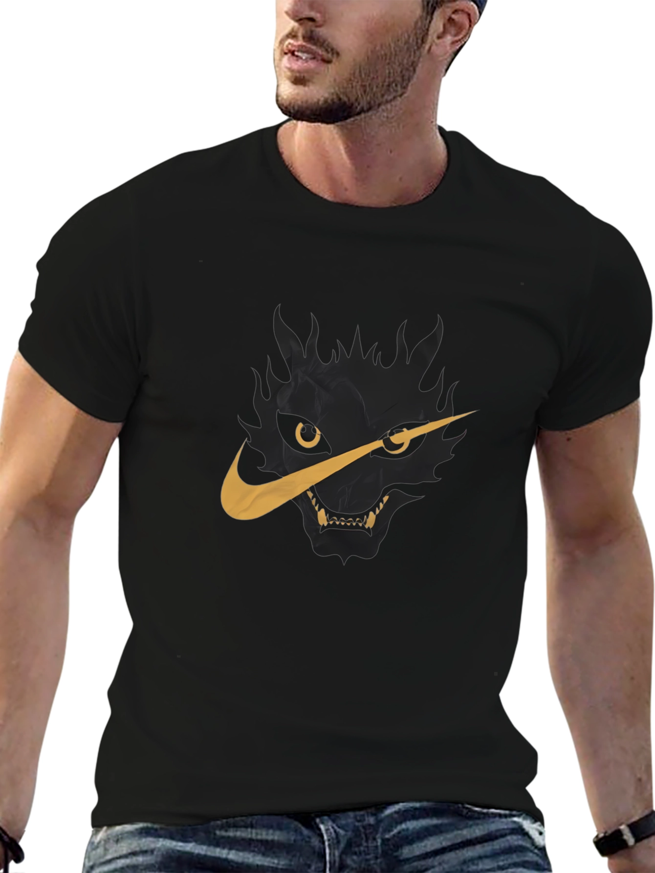 Mens Black T-Shirt with Wolf Nike Logo Graphic