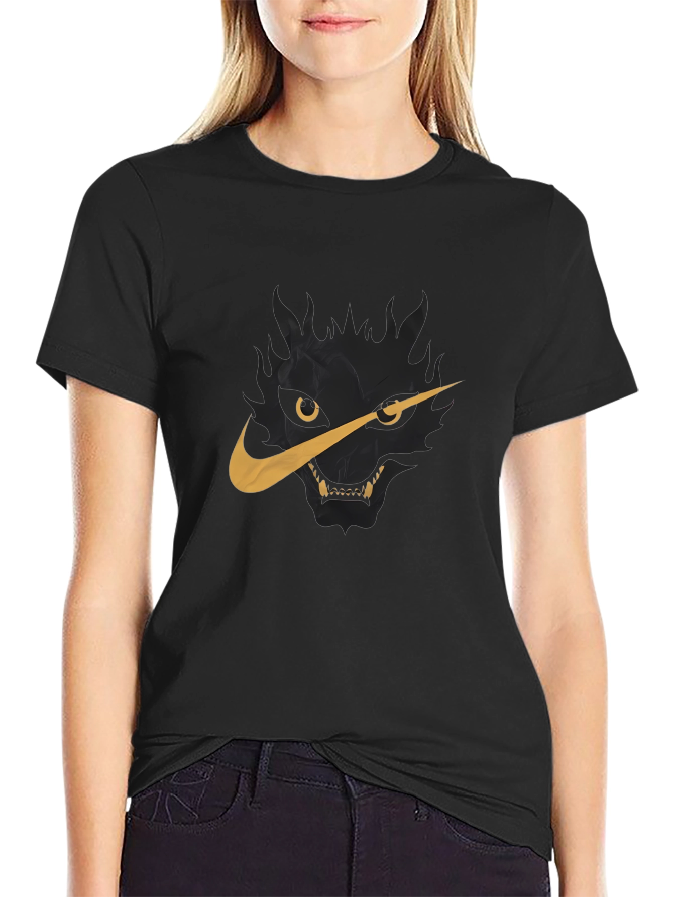 Mens Black T-Shirt with Wolf Nike Logo Graphic