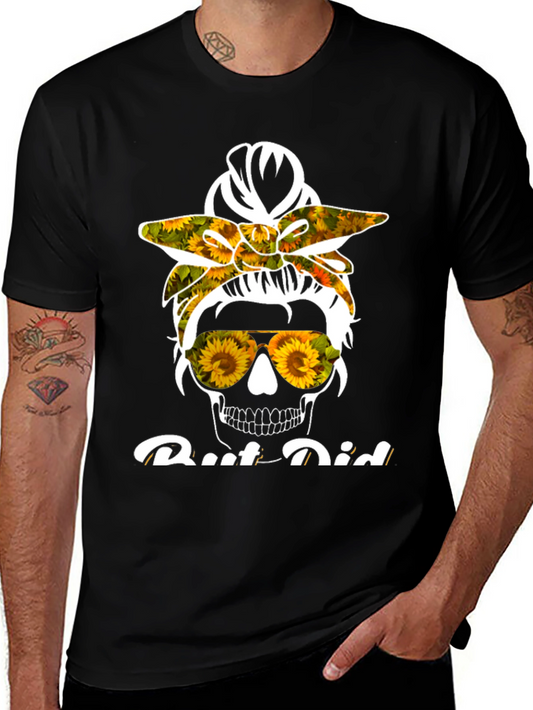 Sunflower Skull Messy Bun T-Shirt