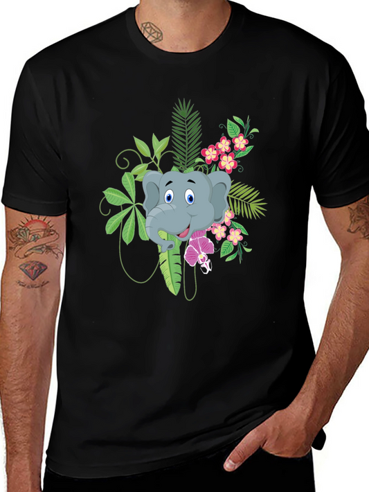 Elephant Graphic T-Shirt - Tropical Style - Black