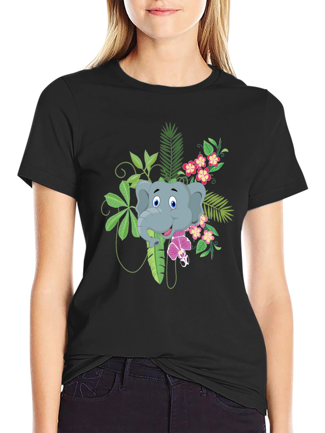 Elephant Graphic T-Shirt - Tropical Style - Black