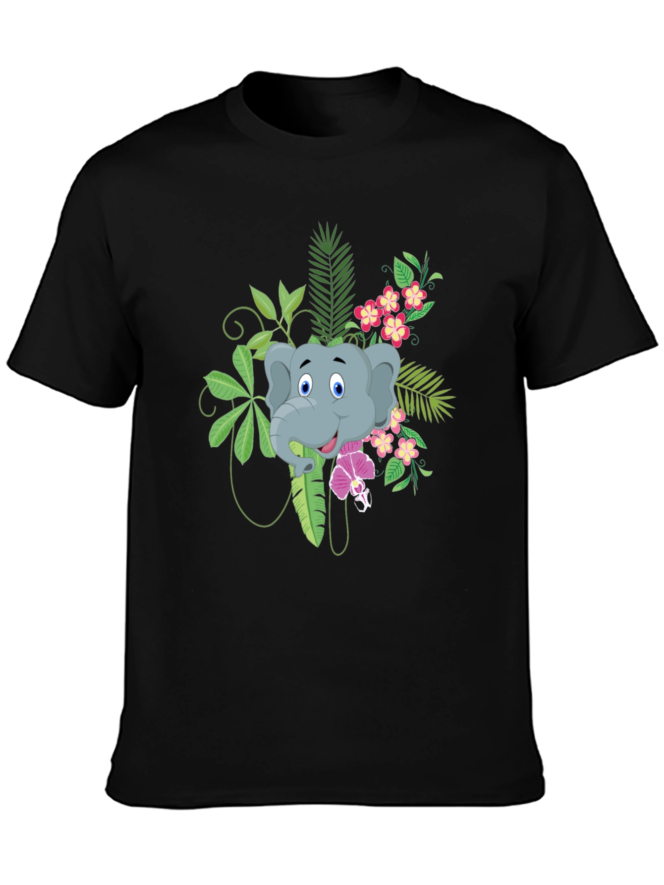 Elephant Graphic T-Shirt - Tropical Style - Black