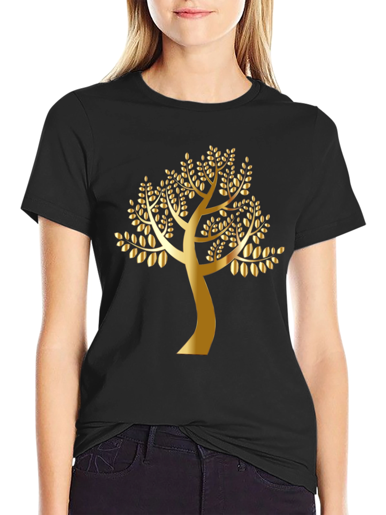 Golden Tree Black T-Shirt - Nature Inspired Design