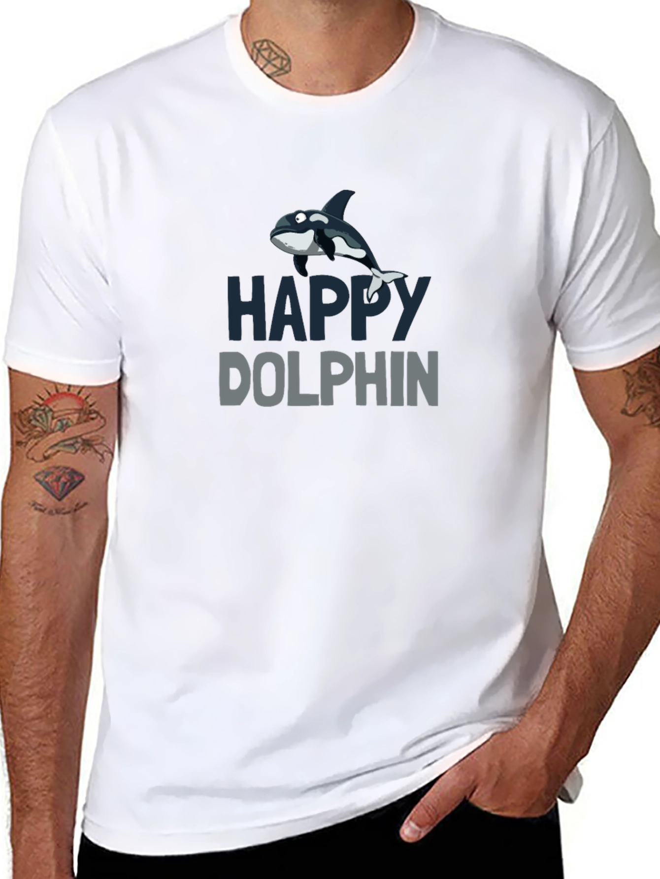 Happy Dolphin Graphic T-Shirt - Black Cotton Tee
