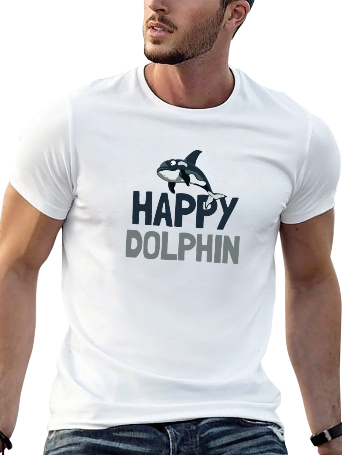 Happy Dolphin Graphic T-Shirt - Black Cotton Tee