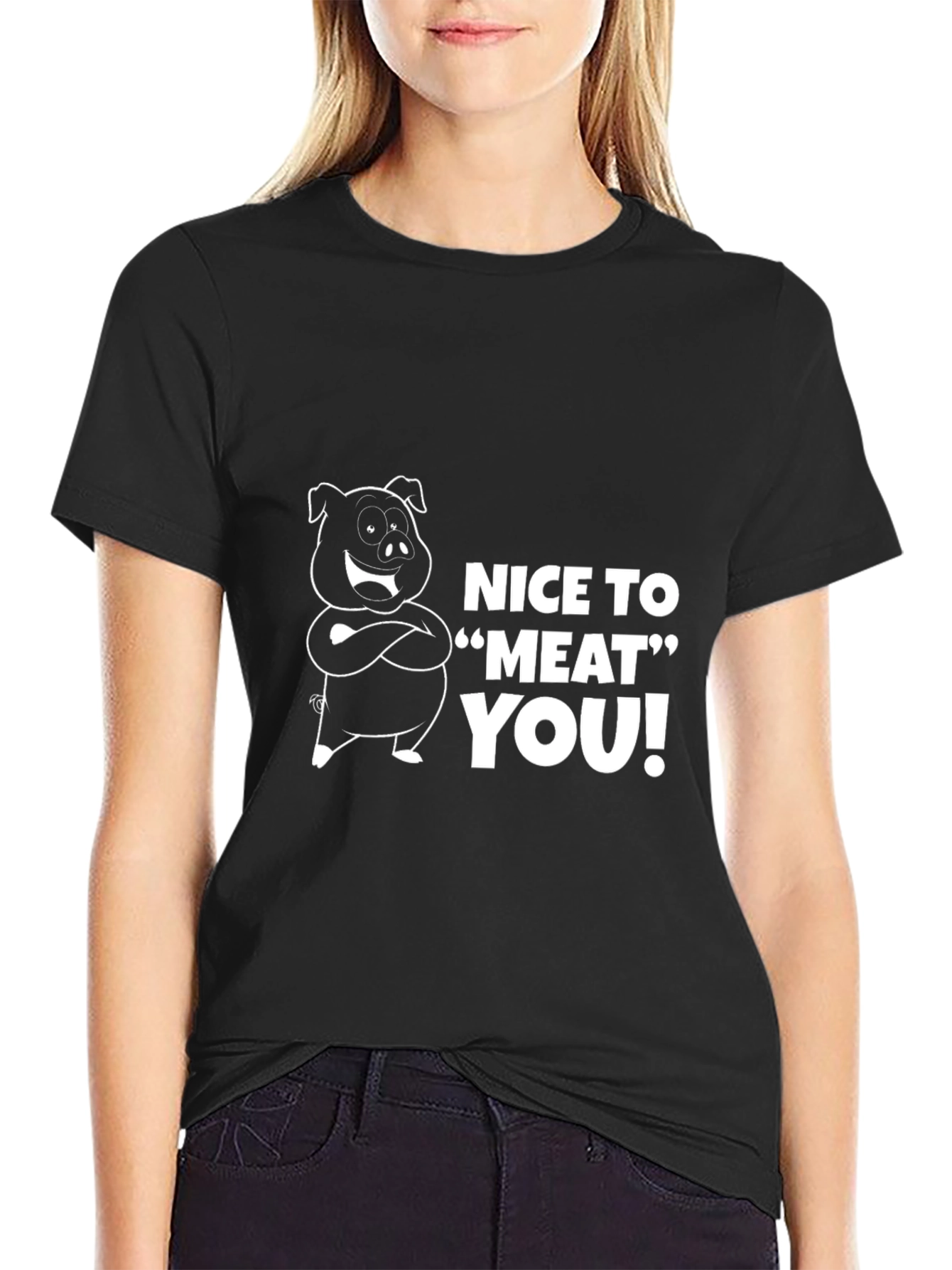 Nice To Meat You Pig Graphic Black T-Shirt