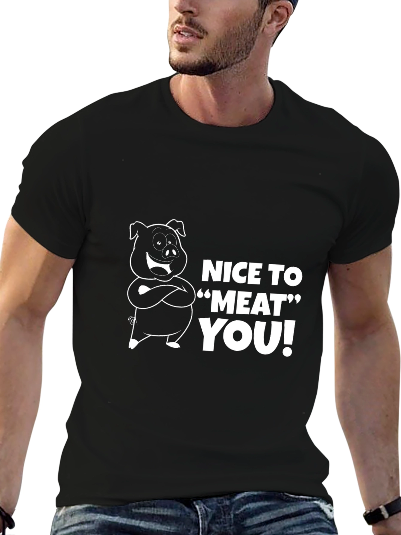 Nice To Meat You Pig Graphic Black T-Shirt