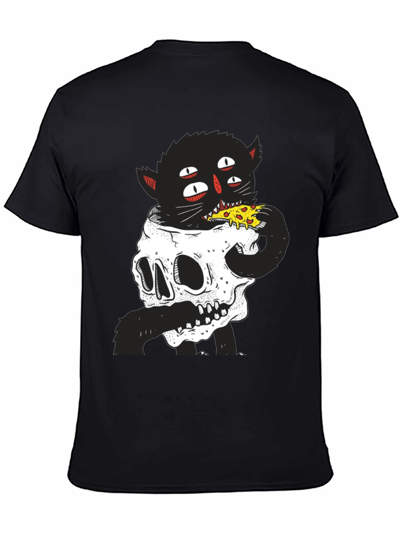 Skull Cat Pizza Black T-Shirt