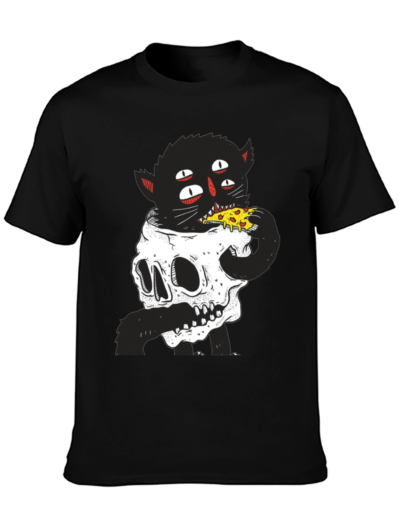 Skull Cat Pizza Black T-Shirt