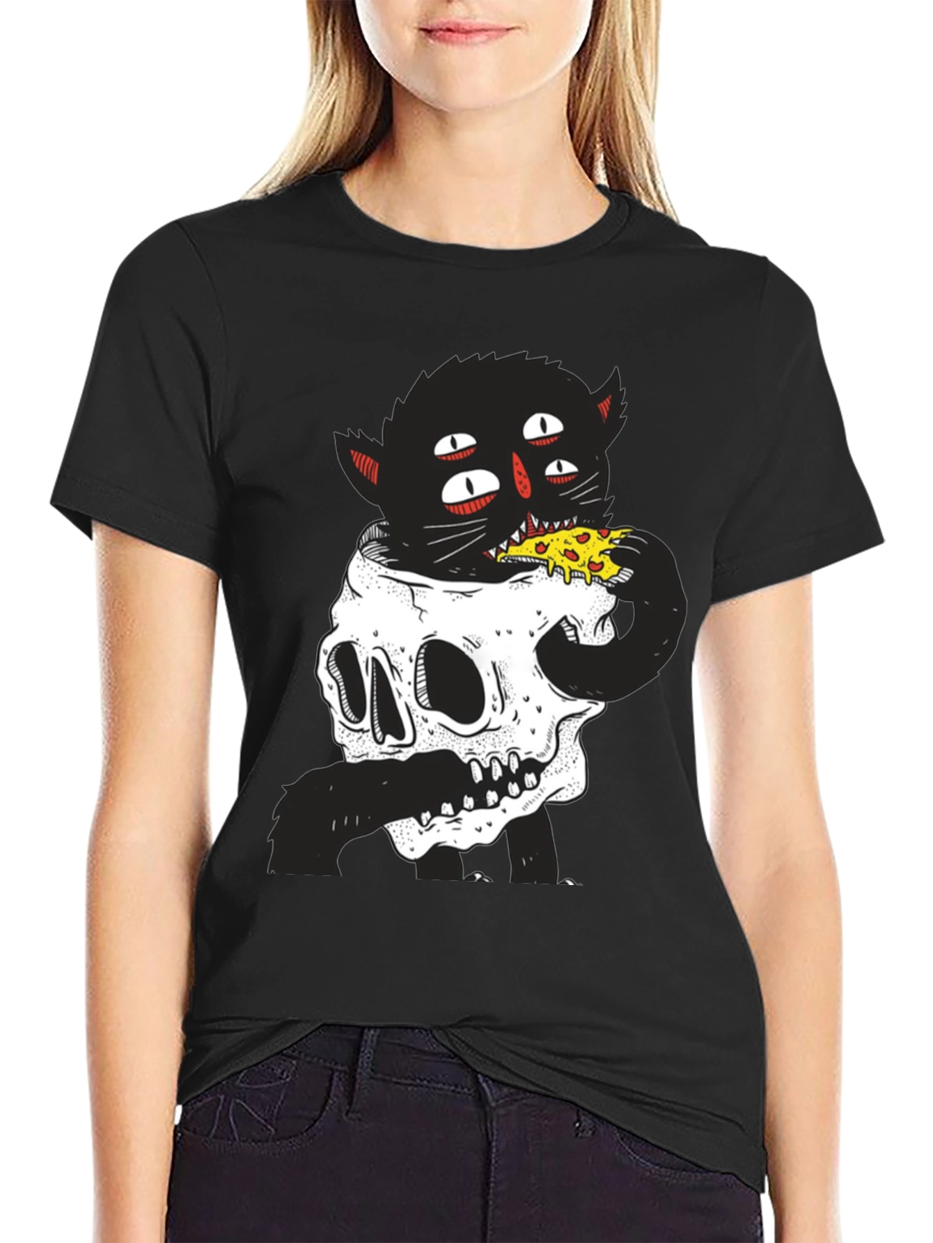 Skull Cat Pizza Black T-Shirt