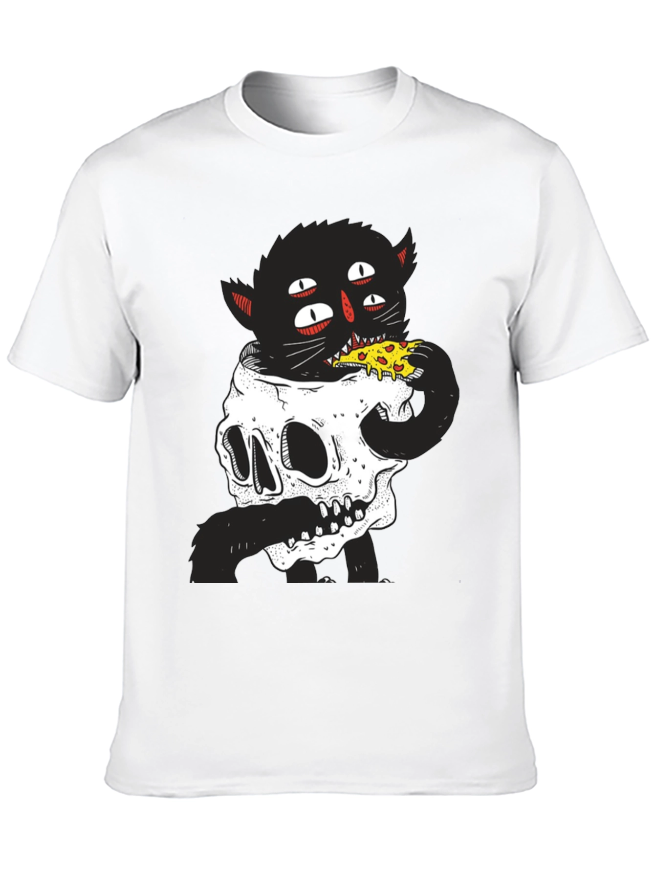 Skull Cat Pizza Black T-Shirt