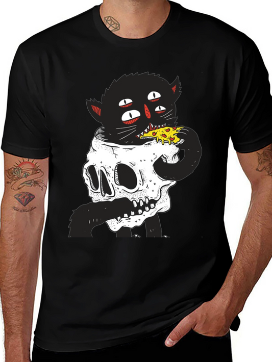 Skull Cat Pizza Black T-Shirt