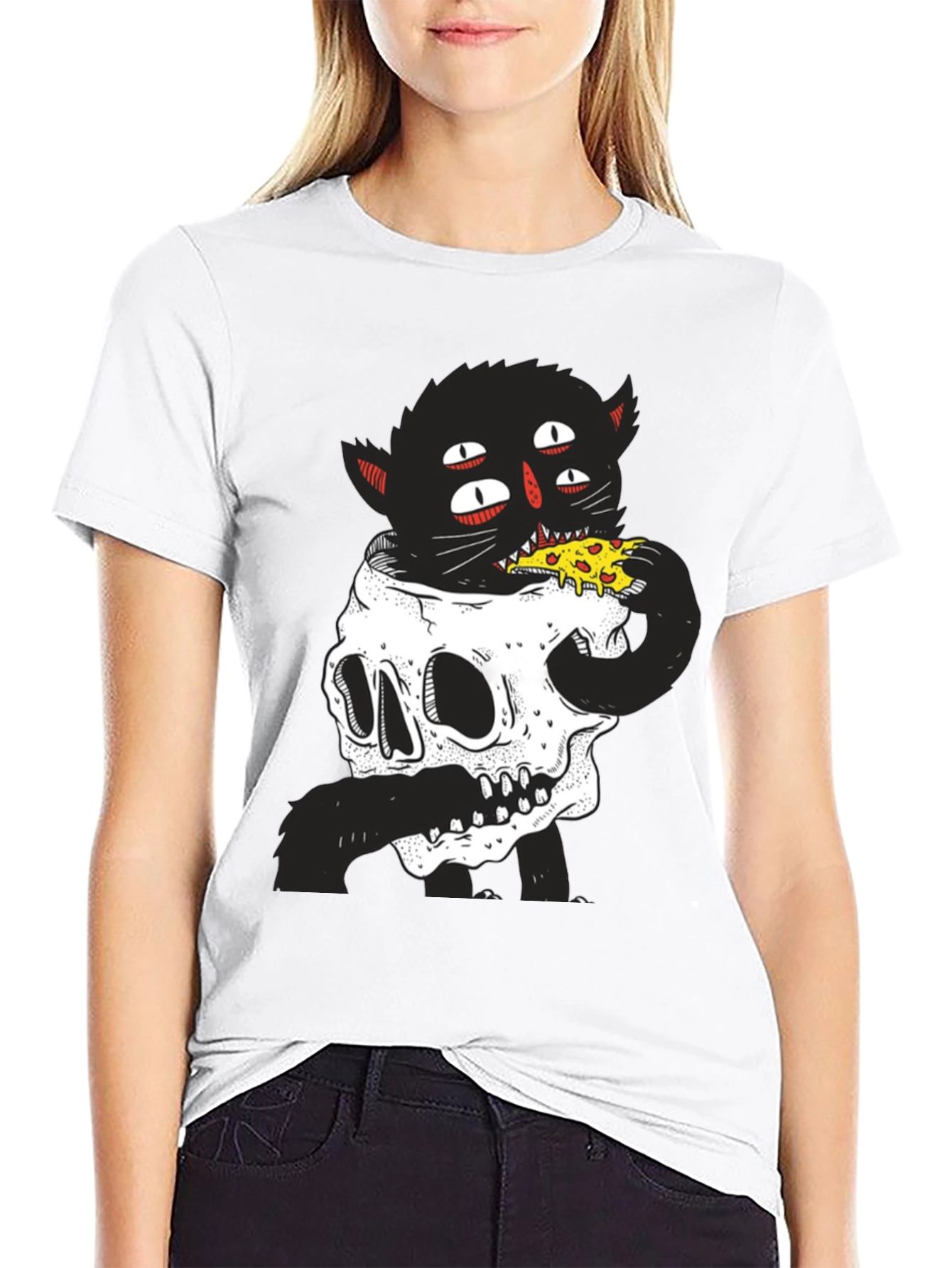 Skull Cat Pizza Black T-Shirt