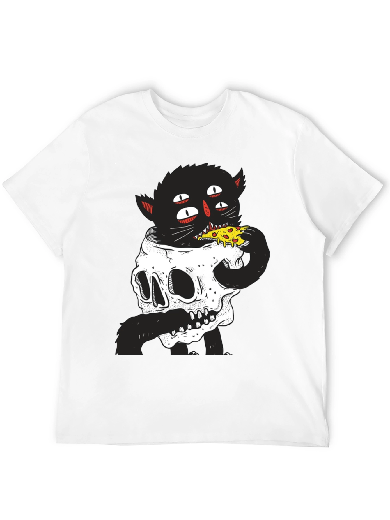 Skull Cat Pizza Black T-Shirt
