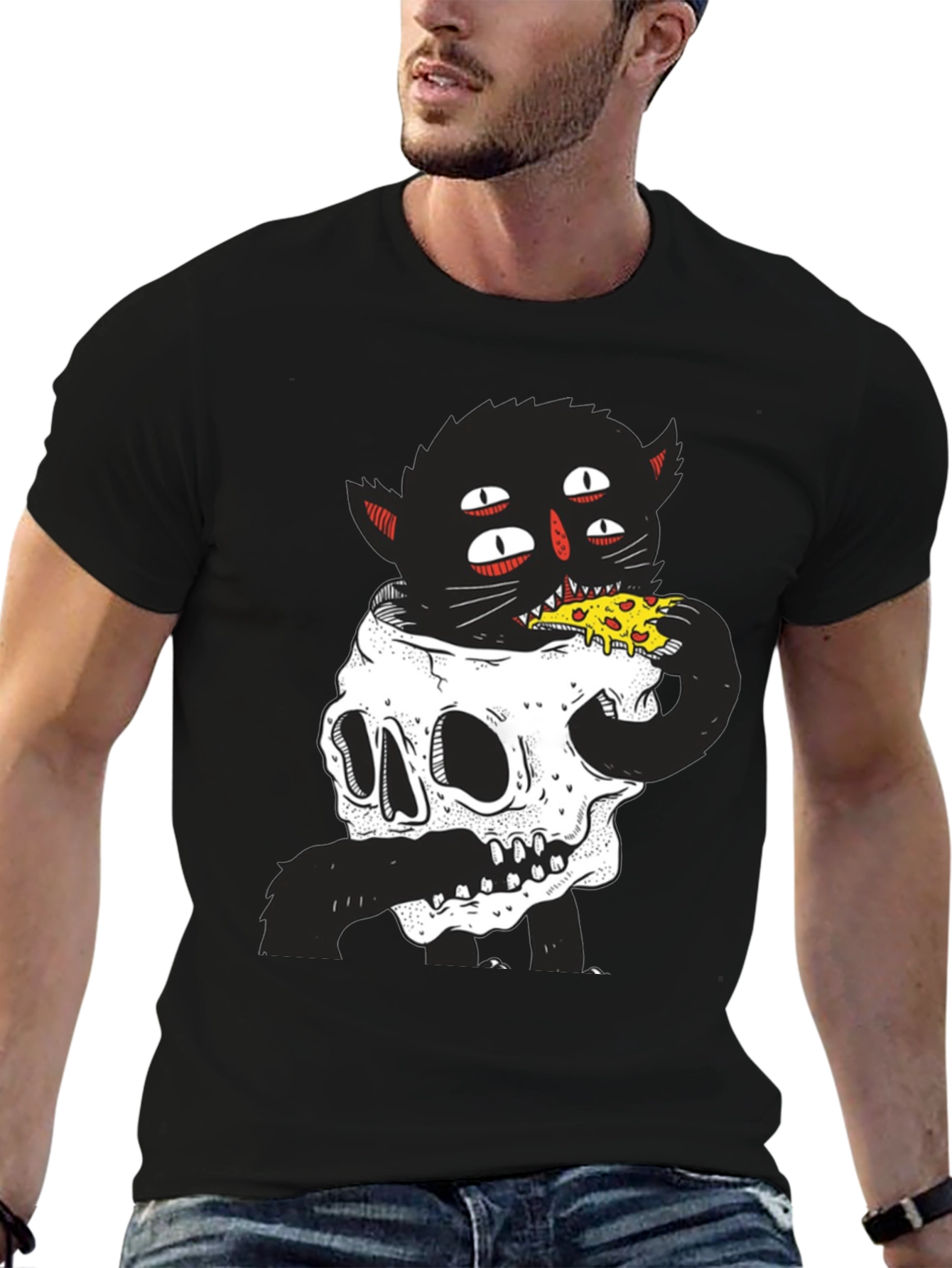 Skull Cat Pizza Black T-Shirt