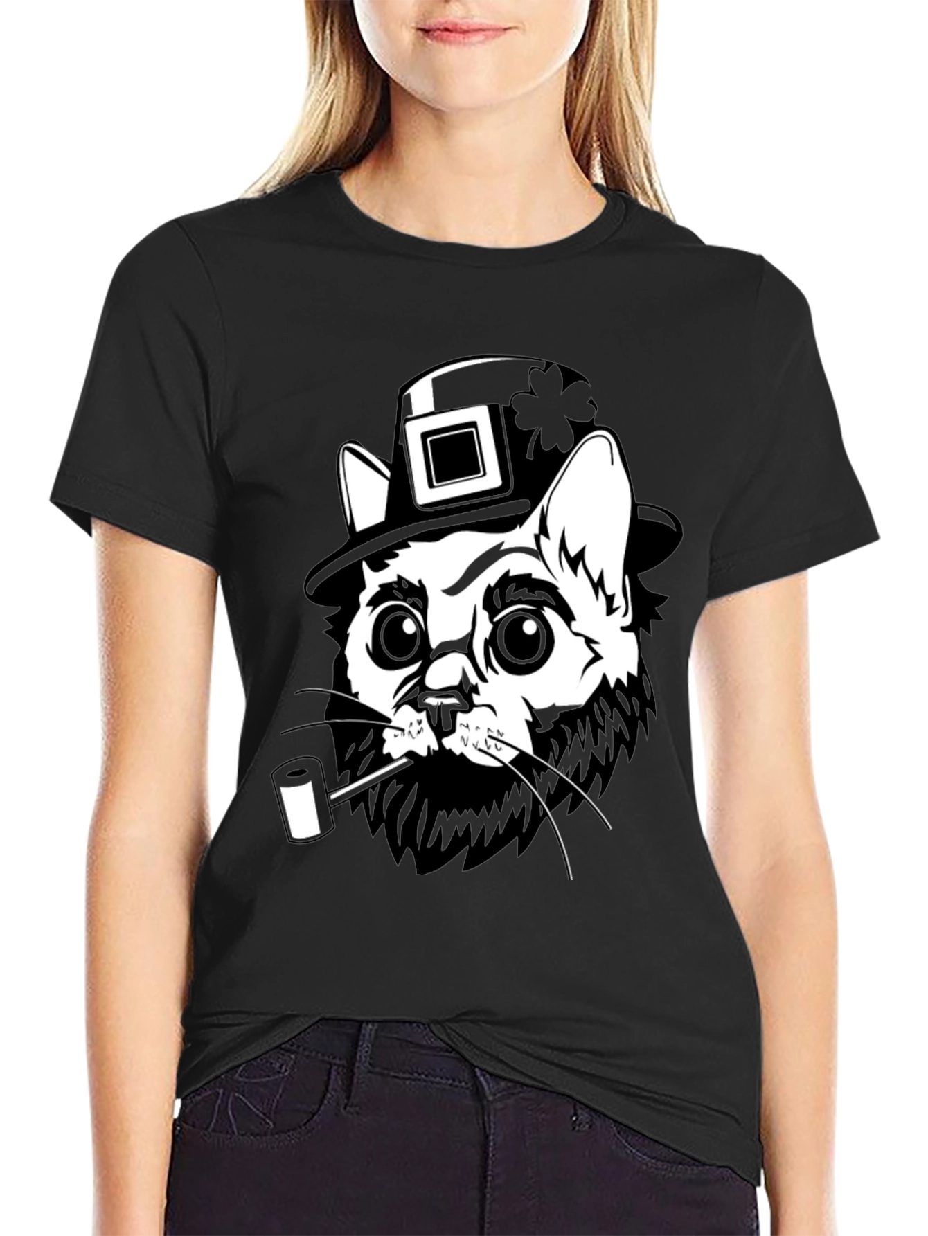 Leprechaun Cat Black T-Shirt