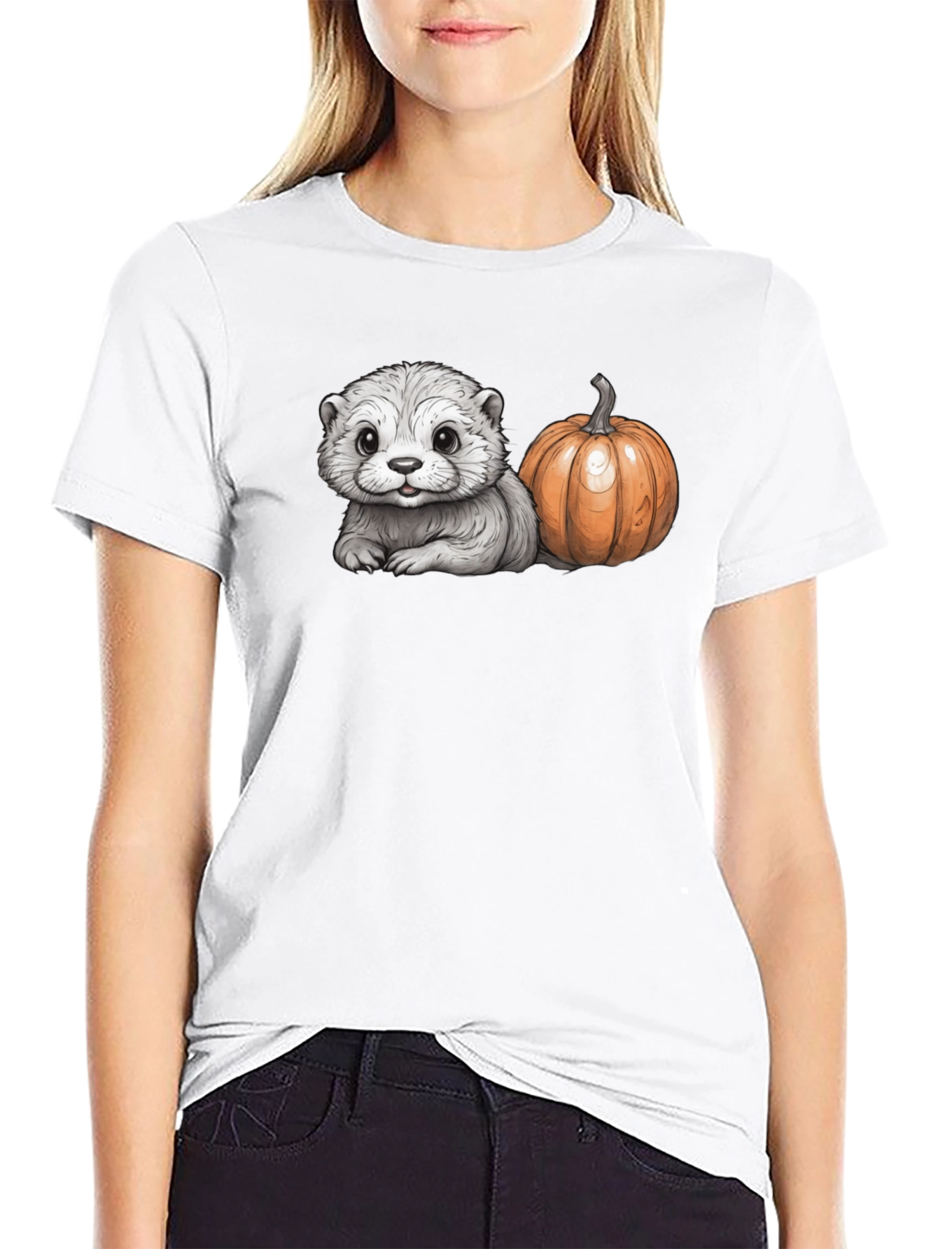 Cute Otter & Pumpkin Black T-Shirt