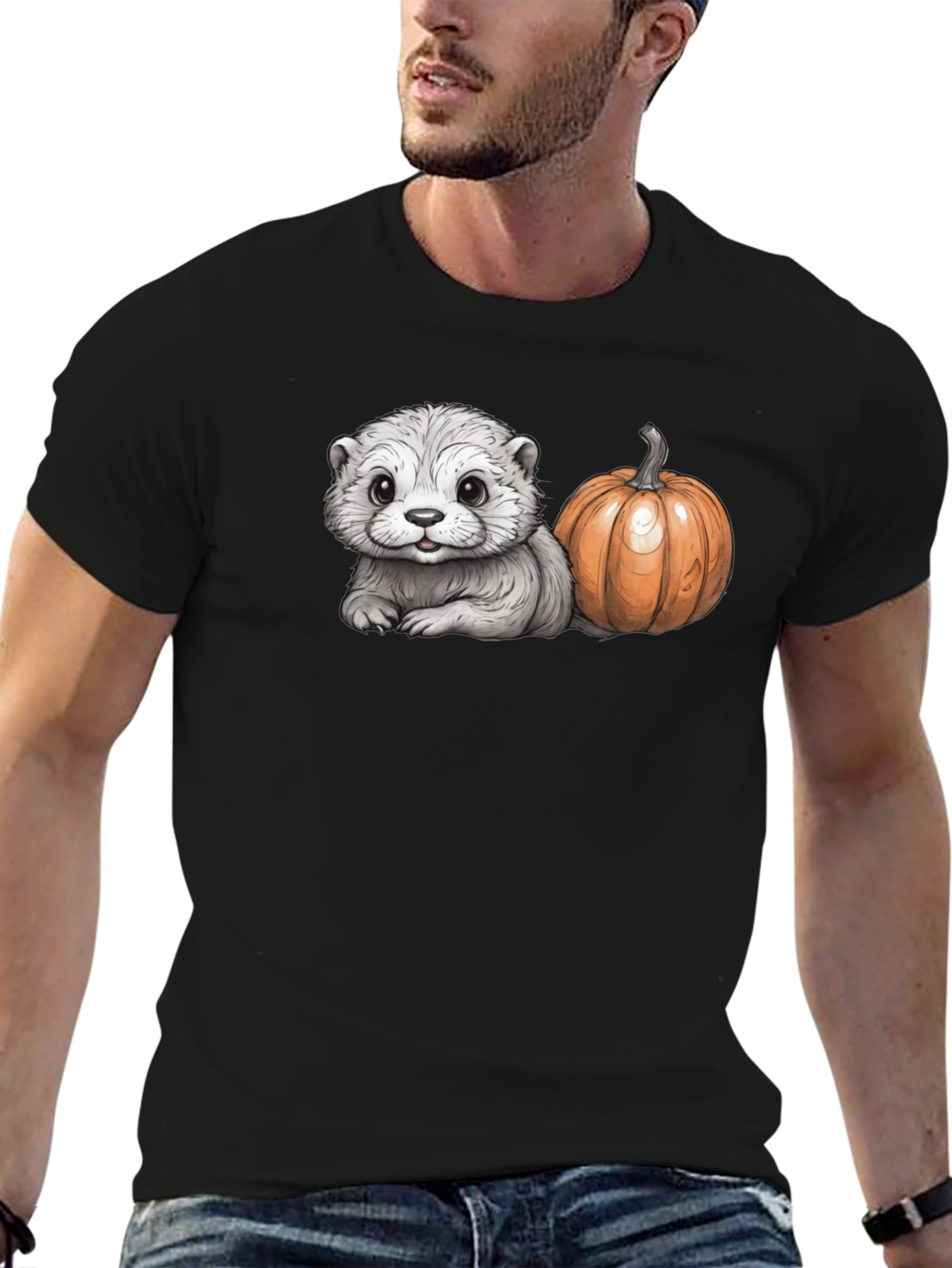 Cute Otter & Pumpkin Black T-Shirt