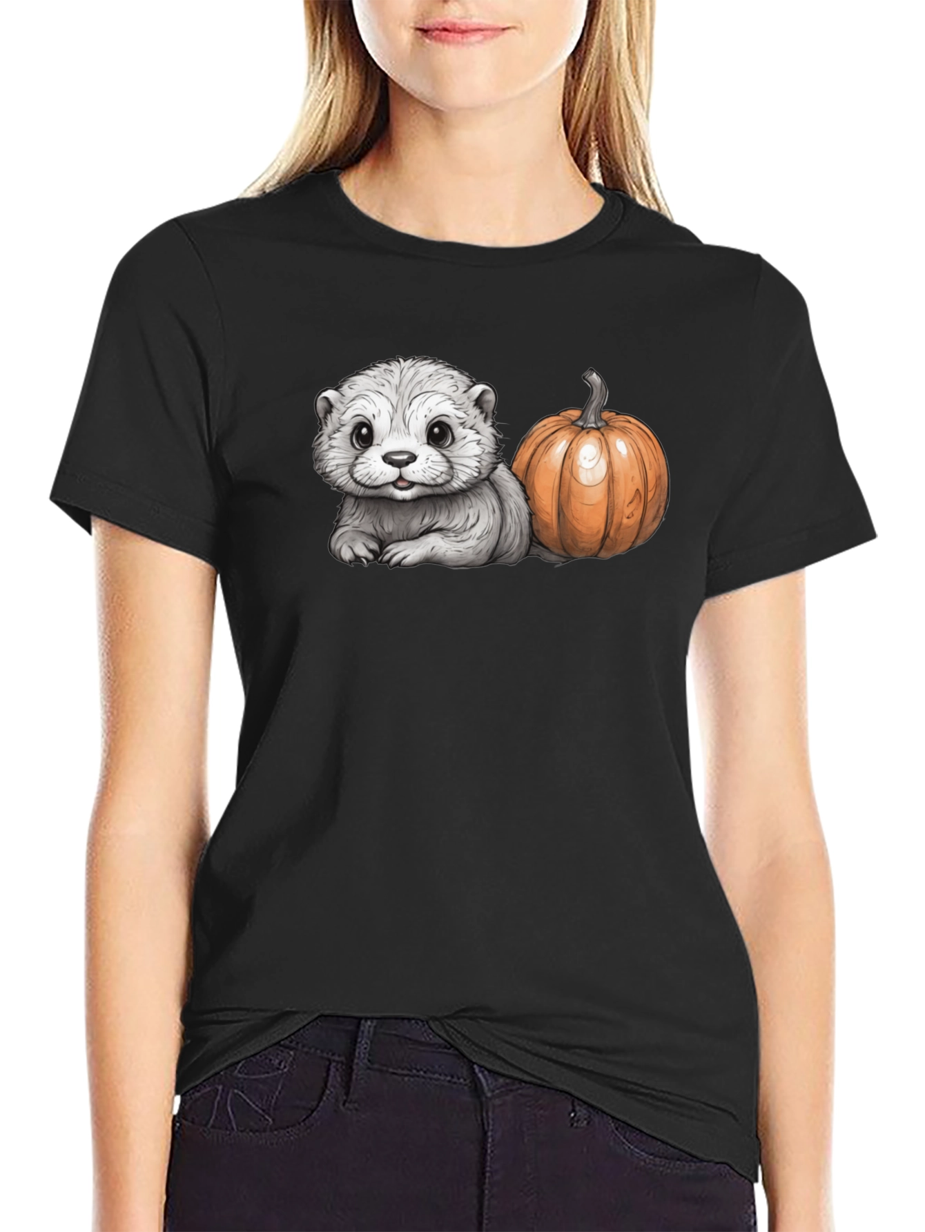 Cute Otter & Pumpkin Black T-Shirt