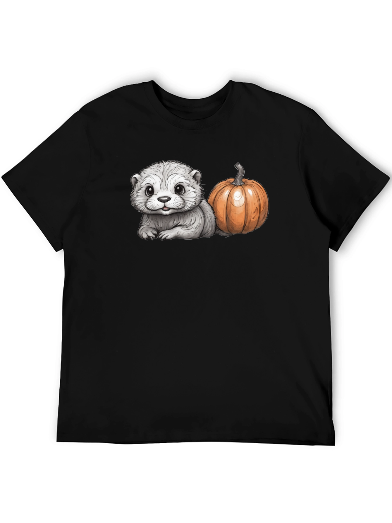 Cute Otter & Pumpkin Black T-Shirt